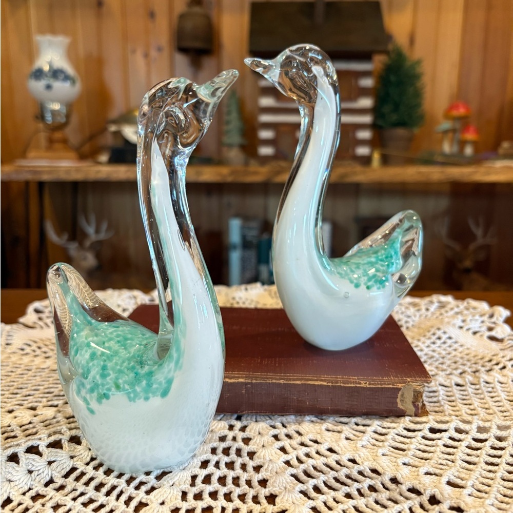 Vintage Murano Style Art Glass Swan Aqua Speckled Bird Figurines set of 2